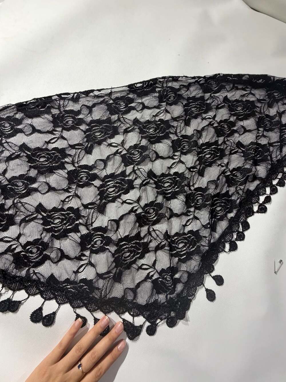 Black Lace Rose Floral Triangle Scarf Tassel Fringe Shawl Y2K Boho Goth